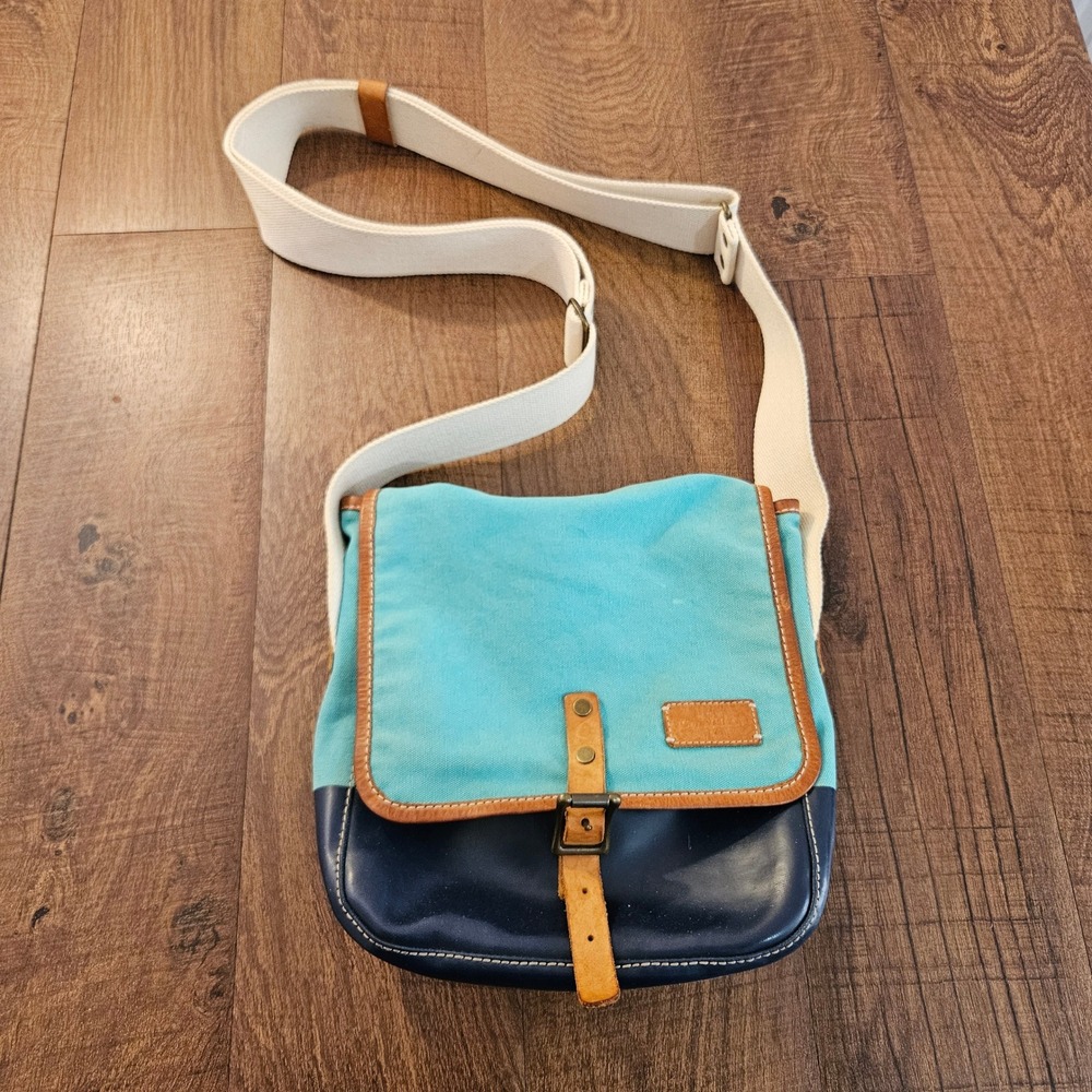 Vintage Cole Haan Messenger Bag Turquoise Canvas Leather Trim Crossbody